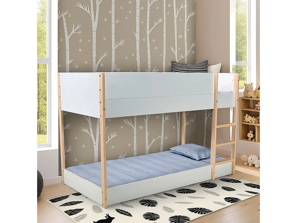 LIT SUPERPOSE 90x190 BOB + 2 SOMMIERS / Blanc et Bois clair