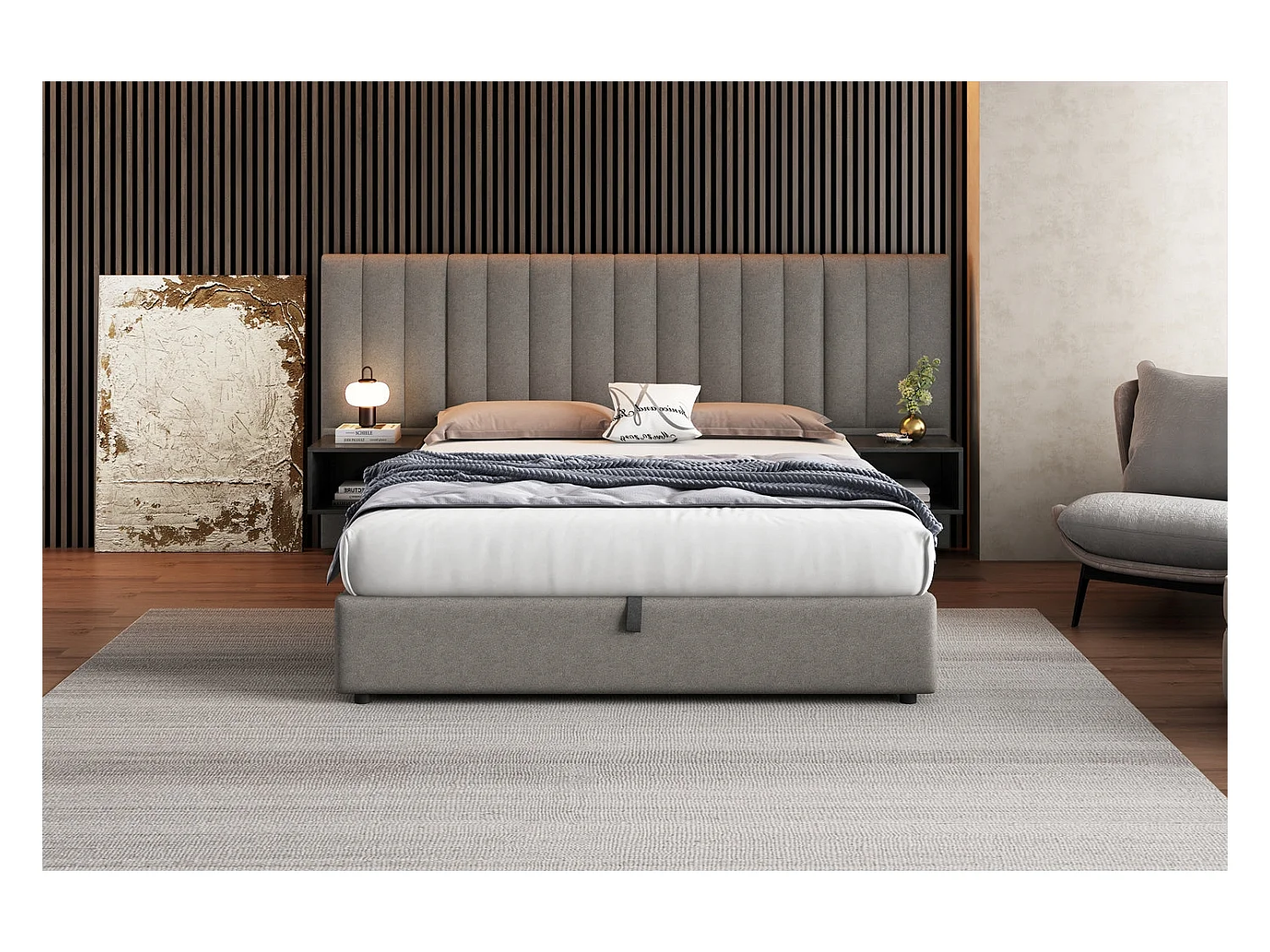 Lit Coffre 160x200 cm HOMEMiYN - Lit Élégant avec Rangement Pratique et Confort Optimal