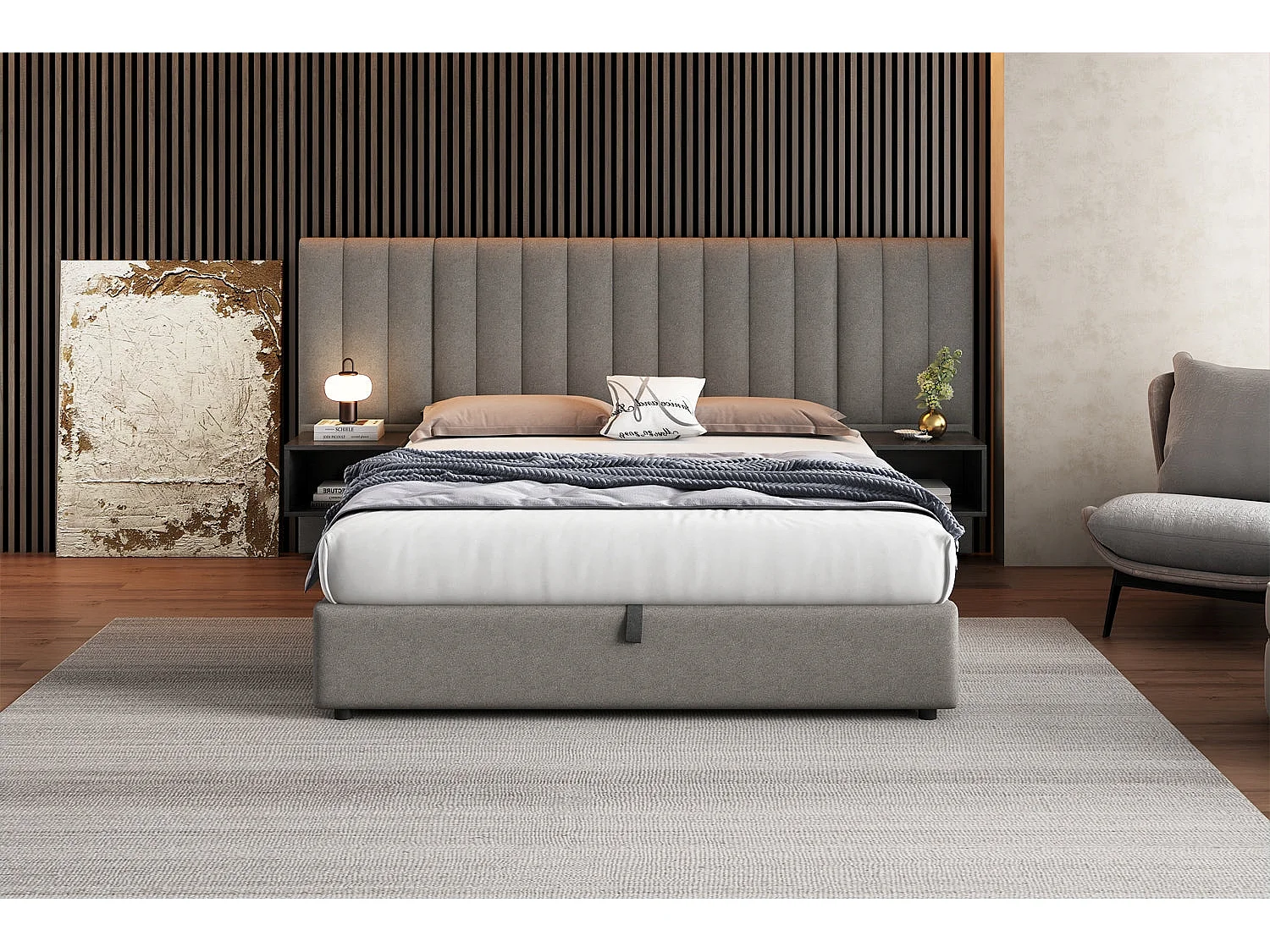 Lit Coffre 160x200 cm HOMEMiYN - Lit Élégant avec Rangement Pratique et Confort Optimal