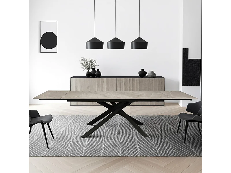 TABLE À MANGER EXTENSIBLE EN PIERRE OSIRIS / TABLE 180X90CM + 2 ALLONGES DE 50CM - 12 PERSONNES - GRIS EFFET MARBRE