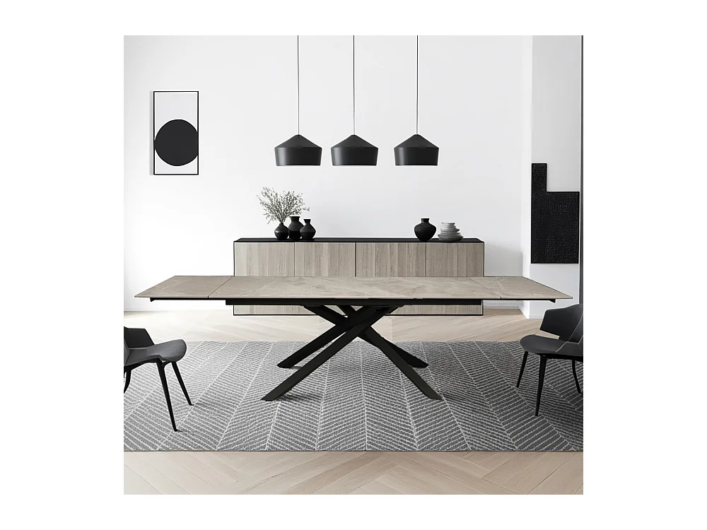 TABLE À MANGER EXTENSIBLE EN PIERRE OSIRIS / TABLE 180X90CM + 2 ALLONGES DE 50CM - 12 PERSONNES - GRIS EFFET MARBRE