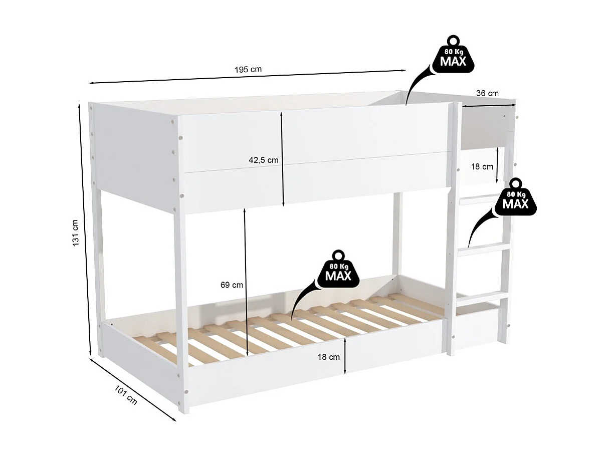 LIT SUPERPOSE 90x190 BOB + 2 SOMMIERS / Blanc
