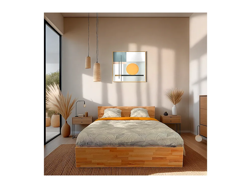 Lit coffre 120x200cm MILO avec tête de lit + sommier/ Hêtre massif huilé