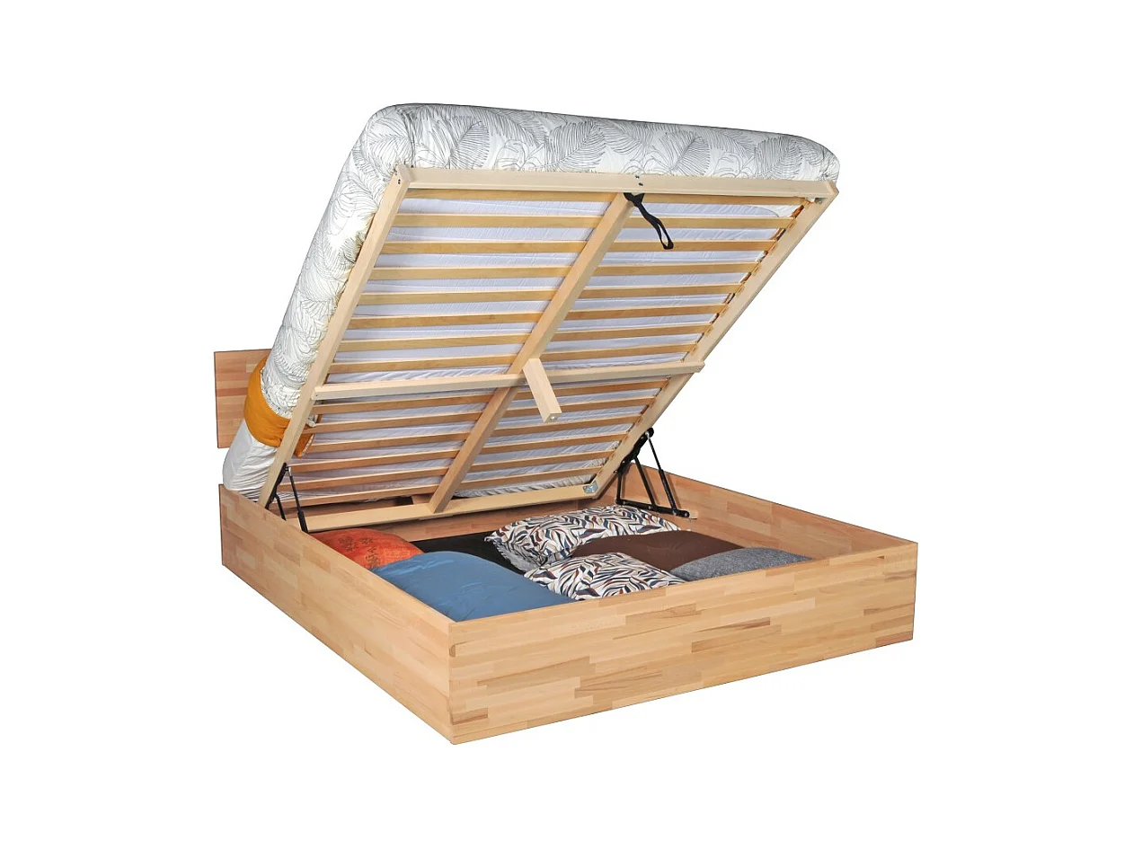 Lit coffre 120x200cm MILO avec tête de lit + sommier/ Hêtre massif huilé