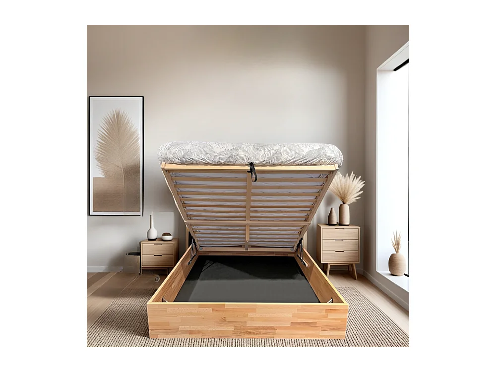 Lit coffre 120x200cm MILO avec tête de lit + sommier/ Hêtre massif huilé