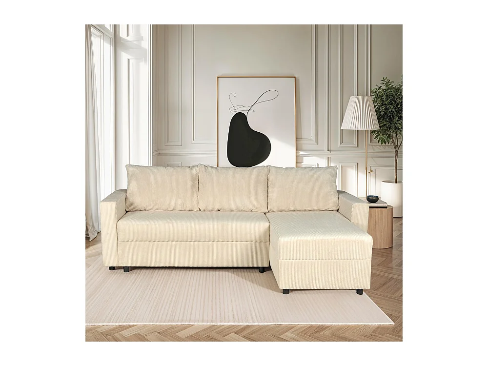 Canapé d'angle convertible et réversible avec coffre THEO en velours côtelé / Beige