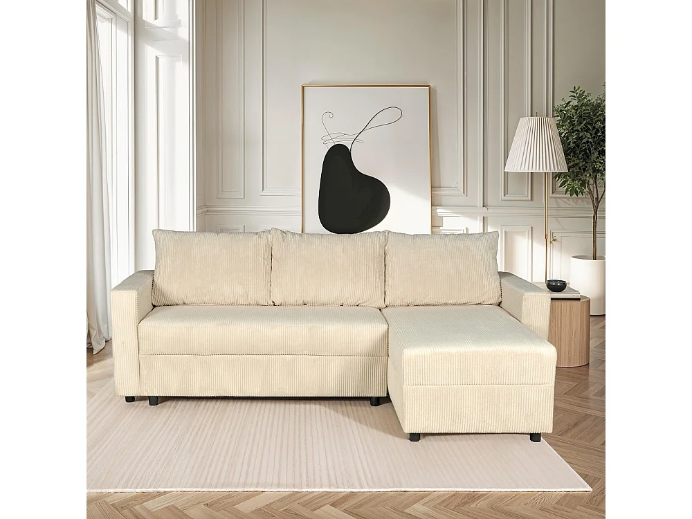 Canapé d'angle convertible et réversible avec coffre THEO en velours côtelé / Beige