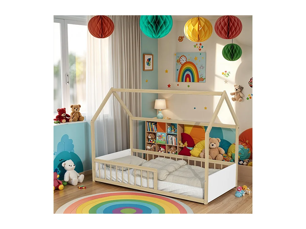 Lit cabane BALOO 90x190 + 1 sommier / Blanc et naturel