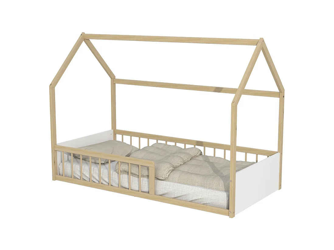 Lit cabane BALOO 90x190 + 1 sommier / Blanc et naturel