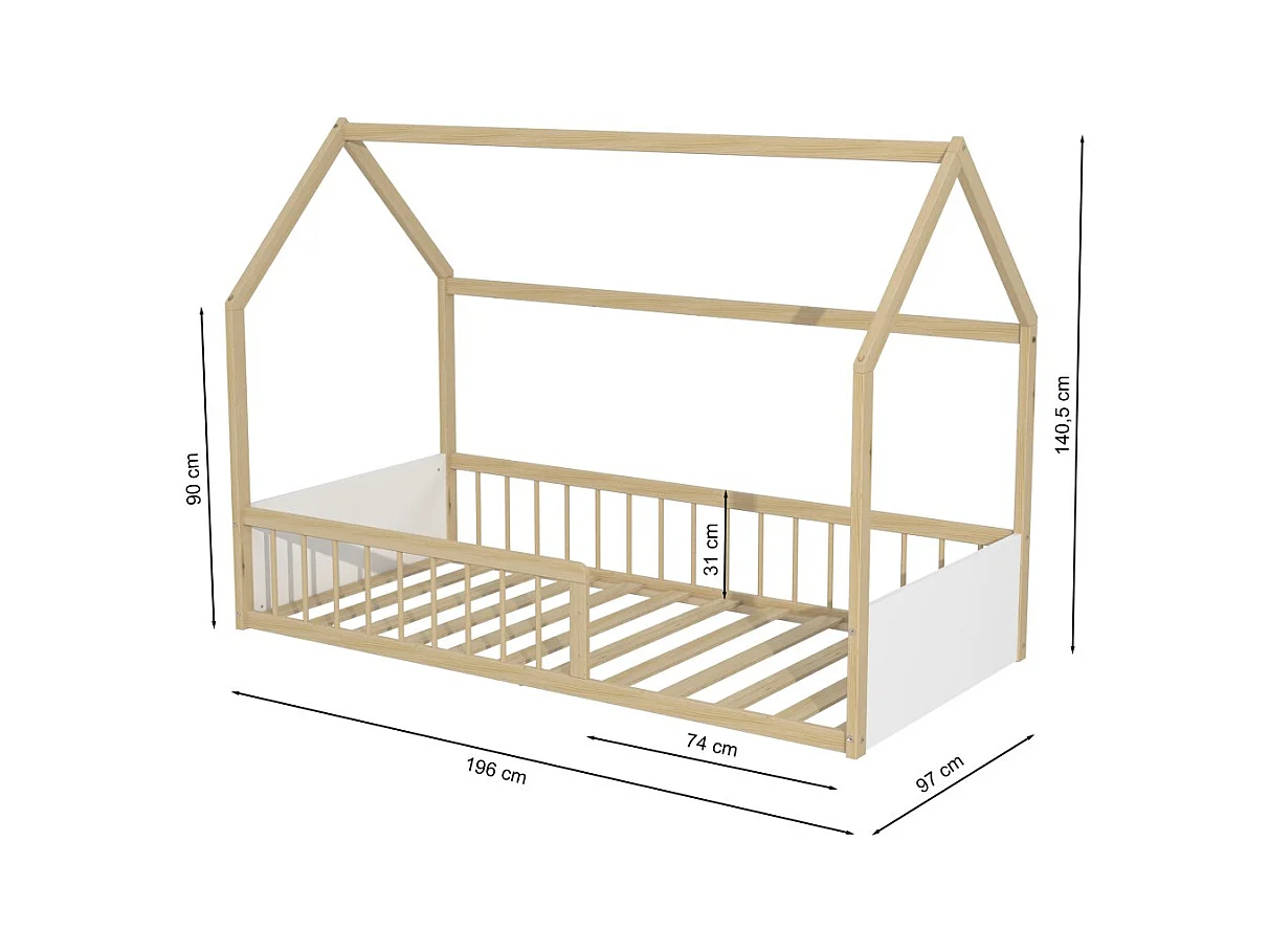 Lit cabane BALOO 90x190 + 1 sommier / Blanc et naturel