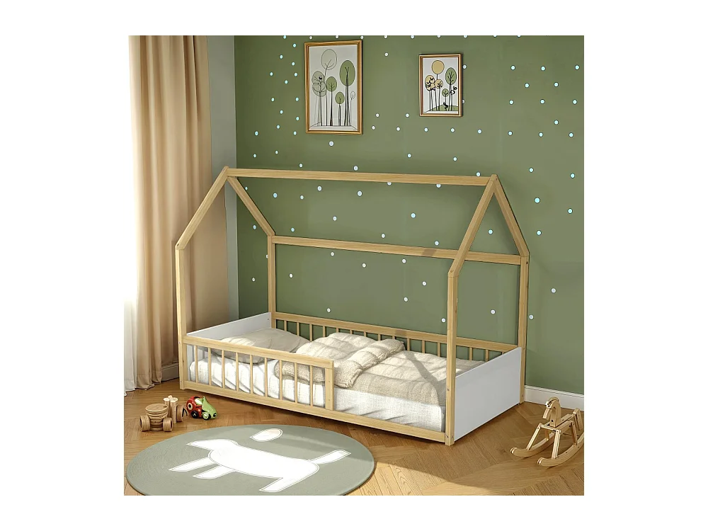 Lit cabane BALOO 90x190 + 1 sommier / Blanc et naturel