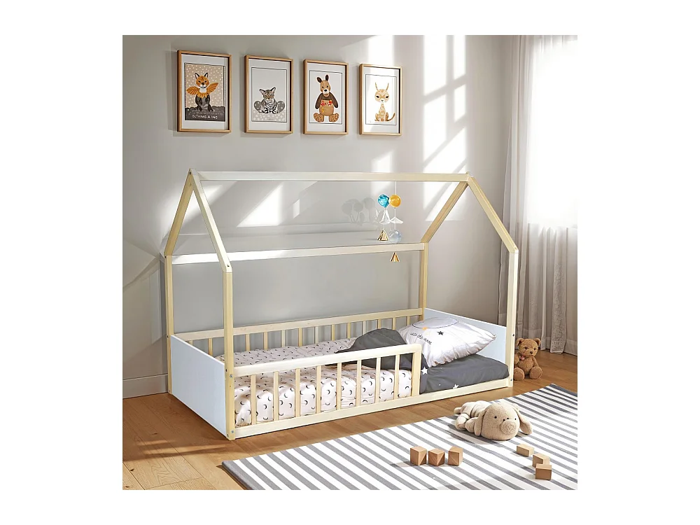 Lit cabane BALOO 90x190 + 1 sommier / Blanc et naturel