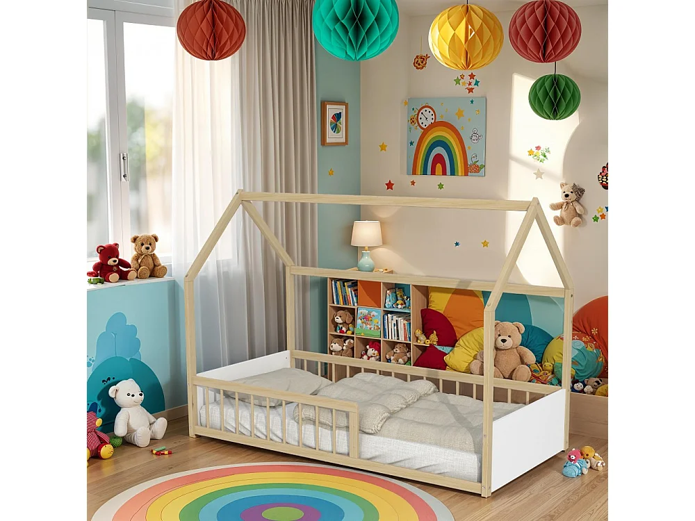 Lit cabane BALOO 90x190 + 1 sommier / Blanc et naturel