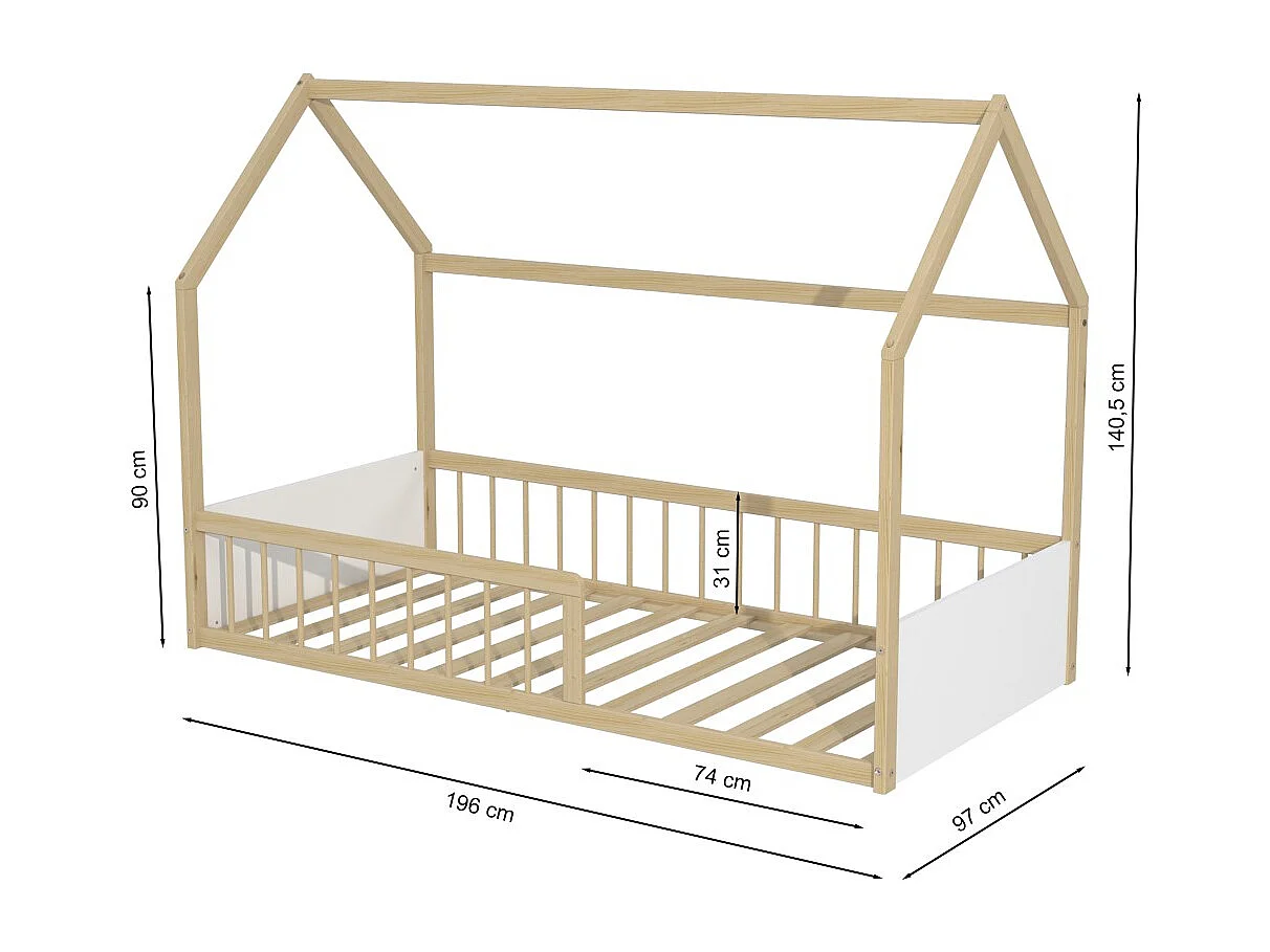 Lit cabane BALOO 90x190 + 1 sommier / Blanc et naturel