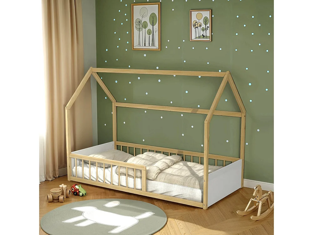 Lit cabane BALOO 90x190 + 1 sommier / Blanc et naturel