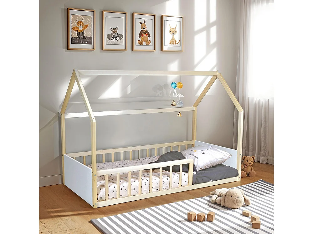 Lit cabane BALOO 90x190 + 1 sommier / Blanc et naturel