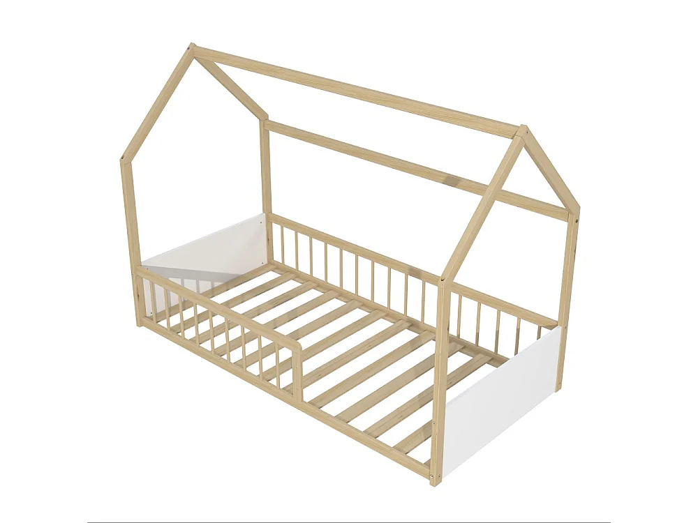 Lit cabane BALOO 90x190 + 1 sommier / Blanc et naturel