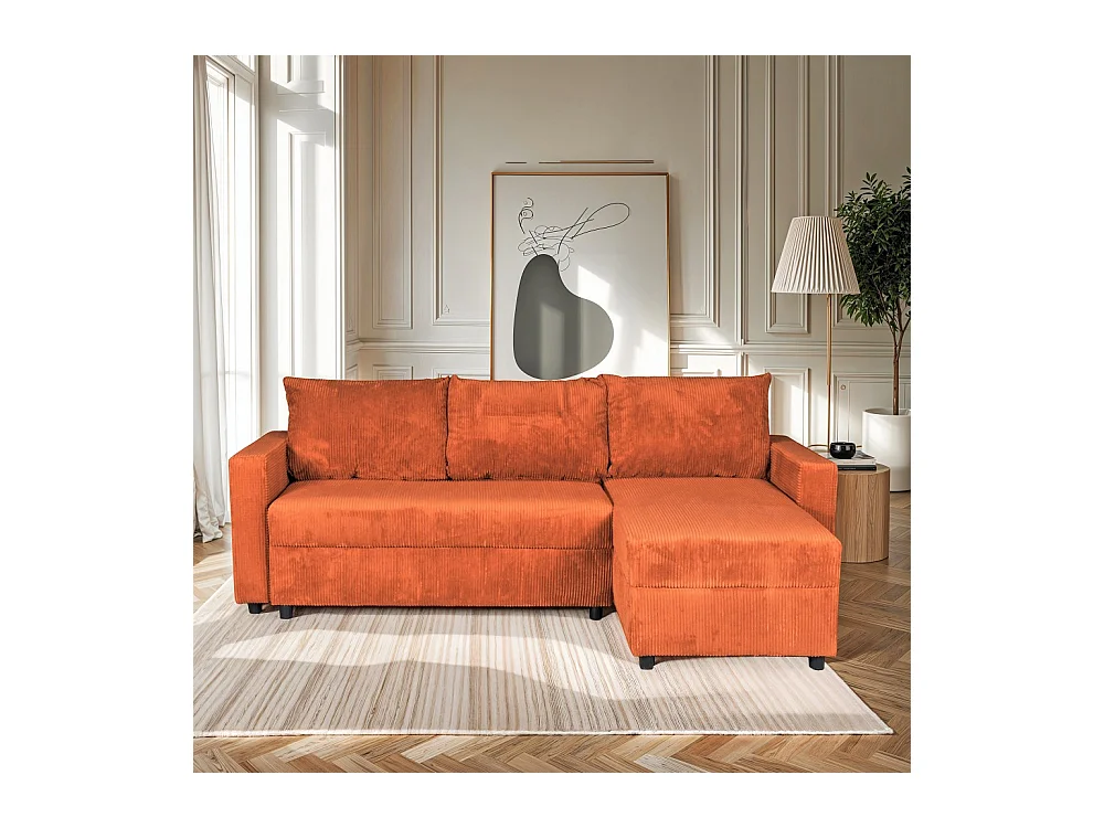 Canapé d'angle convertible et réversible avec coffre THEO en velours côtelé / Terracotta