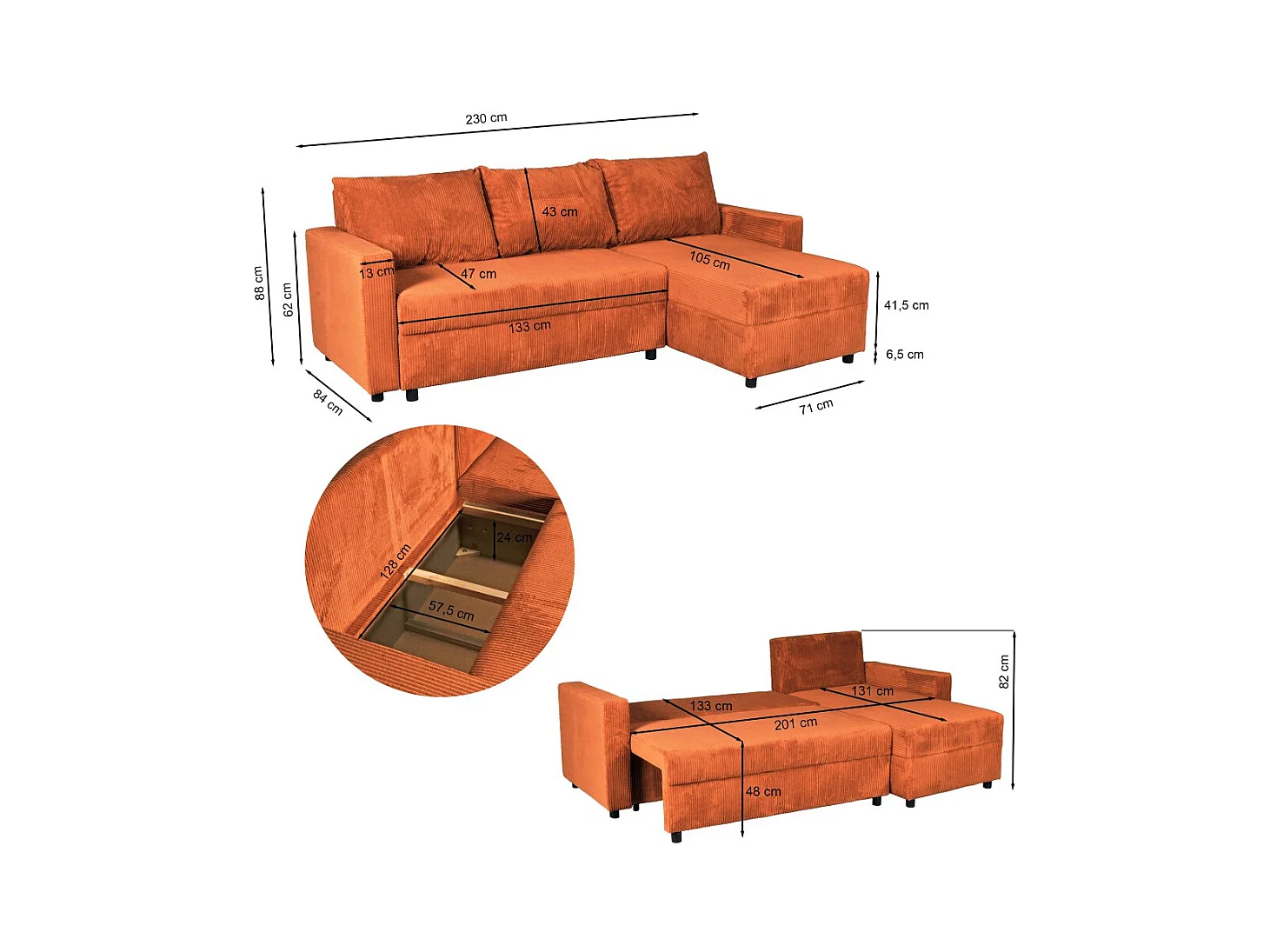 Canapé d'angle convertible et réversible avec coffre THEO en velours côtelé / Terracotta