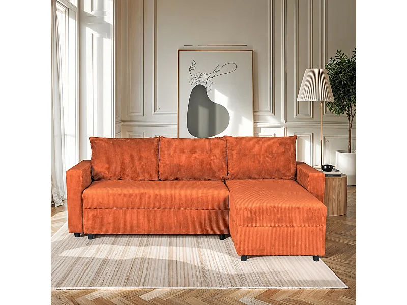 Canapé d'angle convertible et réversible avec coffre THEO en velours côtelé / Terracotta