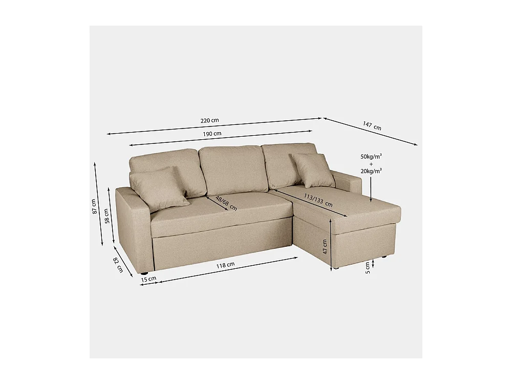 Canapé d'angle ODEON convertible, coffre et réversible / Beige