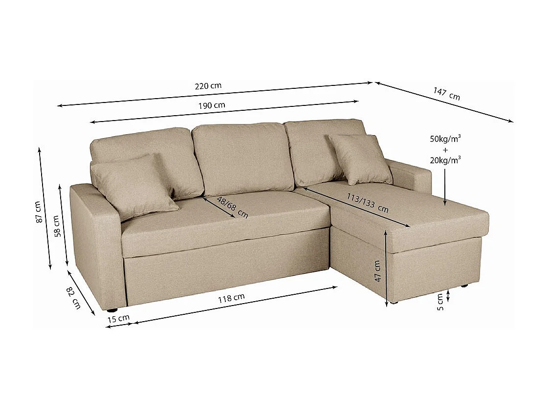 Canapé d'angle ODEON convertible, coffre et réversible / Beige