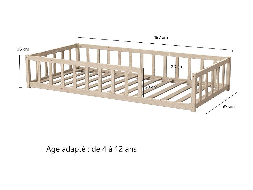 Lit NINO 90x190 + 1 sommier + barrière / Naturel