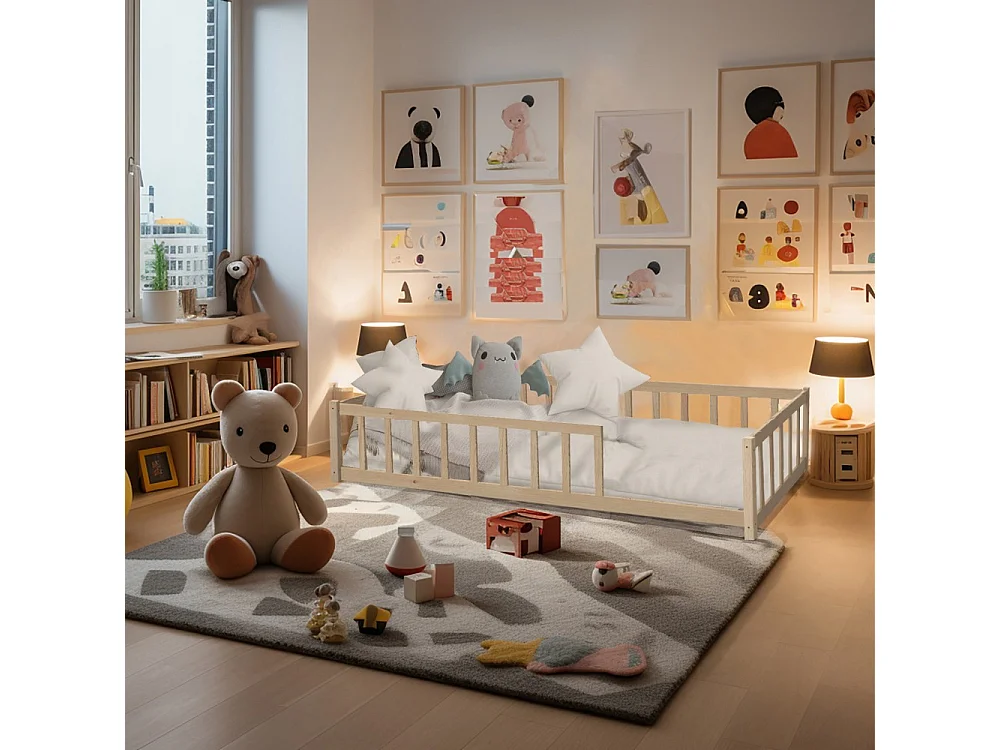 Lit NINO 90x190 + 1 sommier + barrière / Bois clair