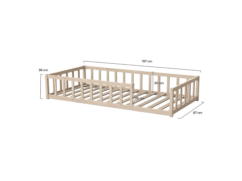 Lit NINO 90x190 + 1 sommier + barrière / Bois clair