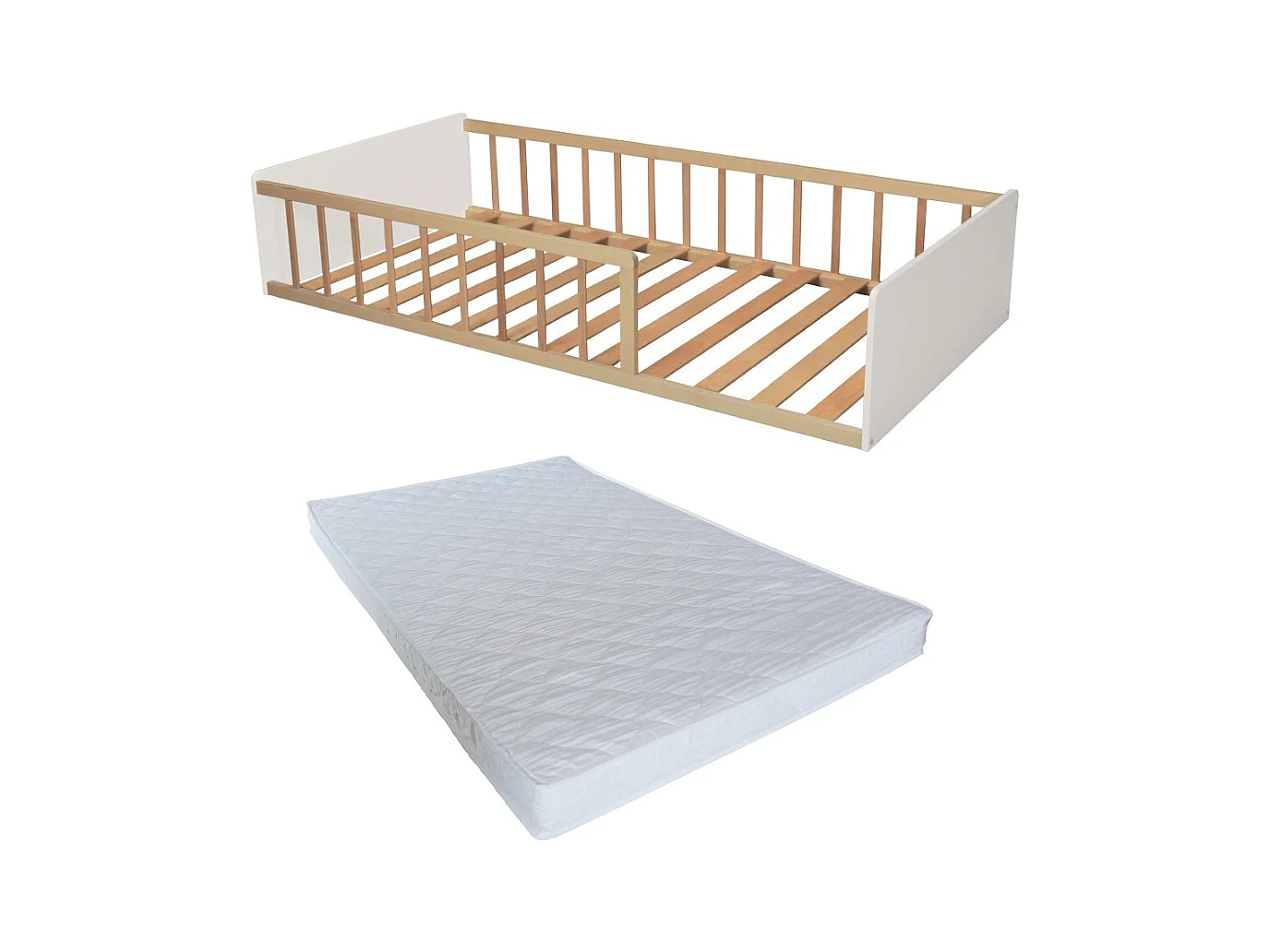 LIT 90x190 PILOU avec sommier et matelas / Blanc et Naturel