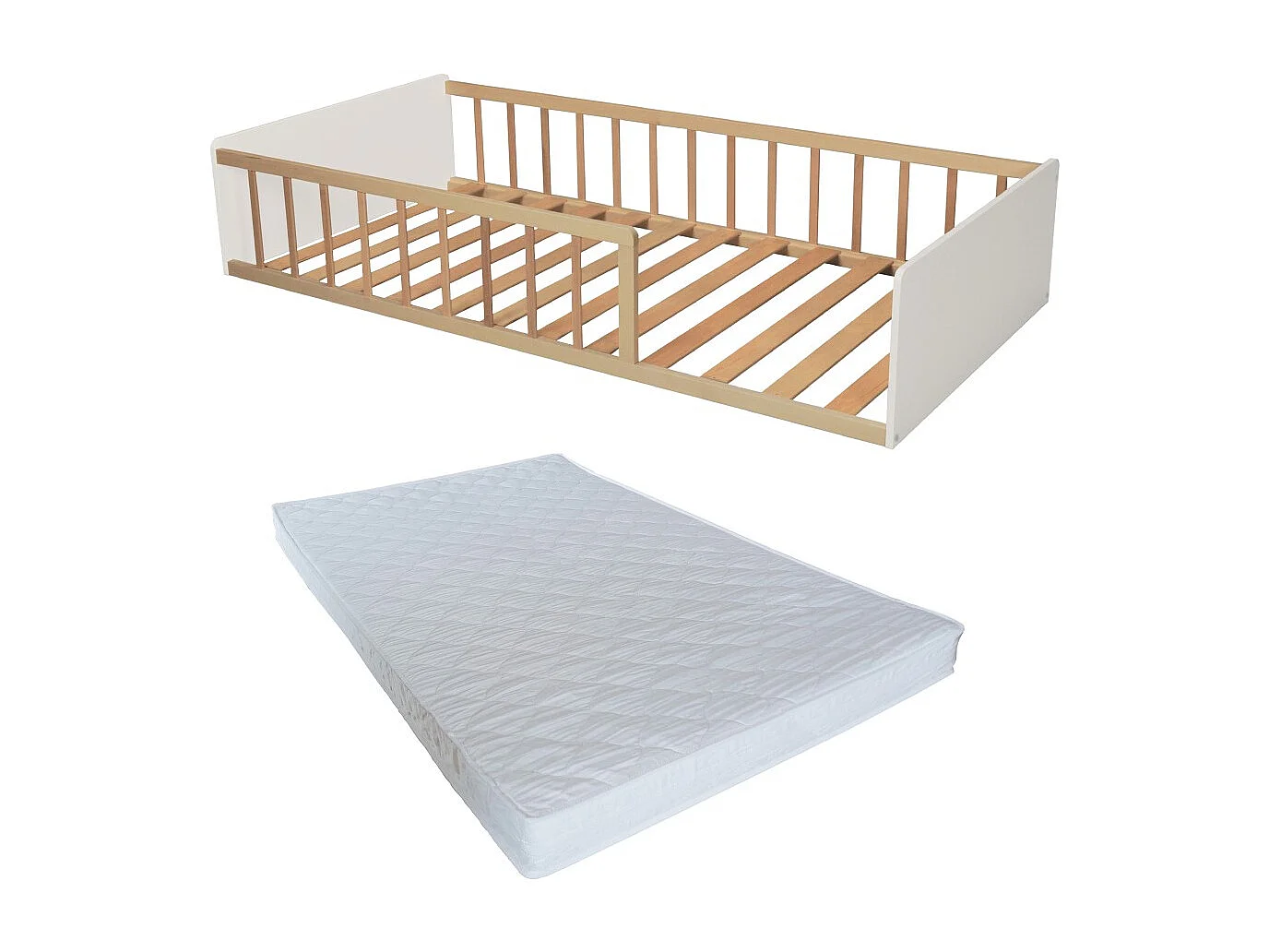 LIT 90x190 PILOU avec sommier et matelas / Blanc et Naturel