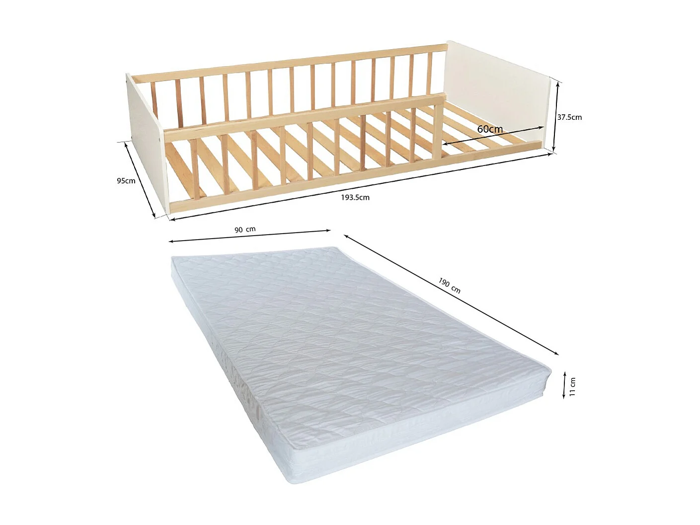 LIT 90x190 PILOU avec sommier et matelas / Blanc et Naturel