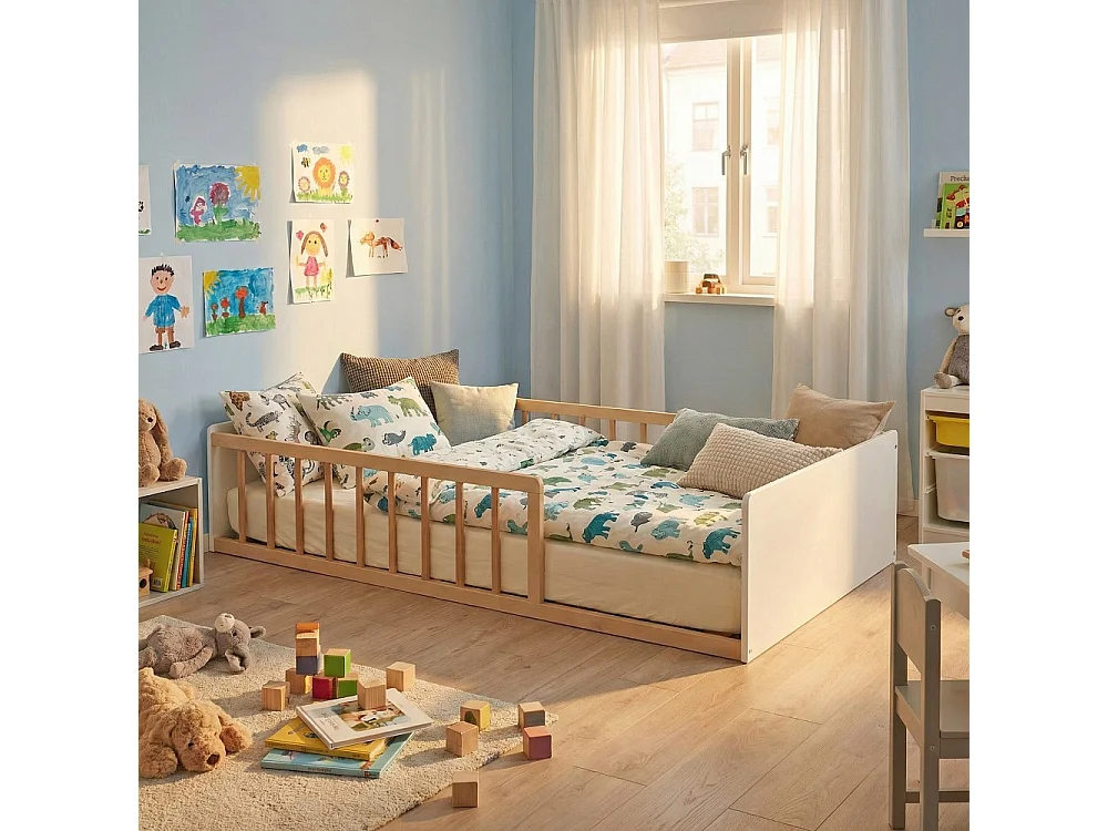 LIT 90x190 PILOU avec sommier et matelas / Blanc et Naturel