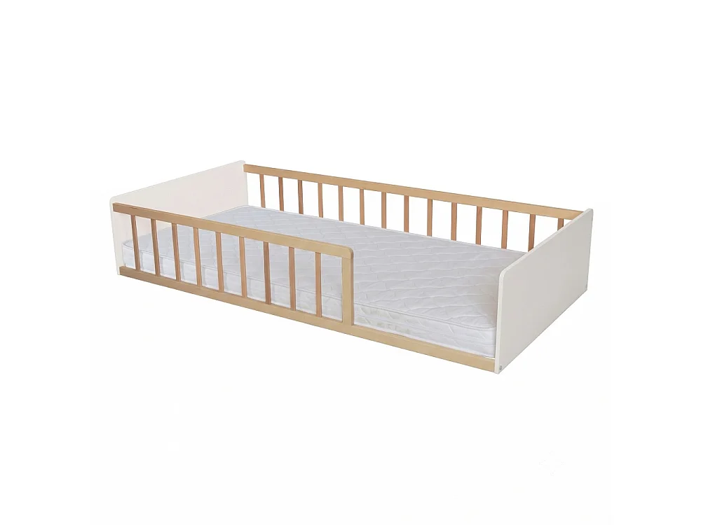 LIT 90x190 PILOU avec sommier et matelas / Blanc et Bois clair
