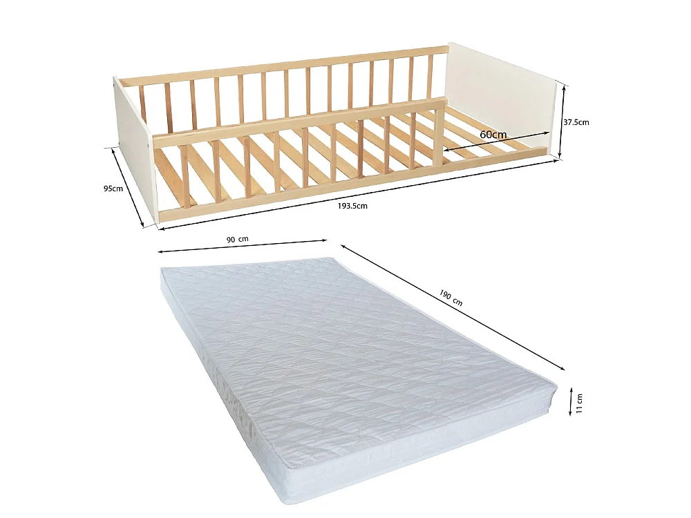 LIT 90x190 PILOU avec sommier et matelas / Blanc et Bois clair