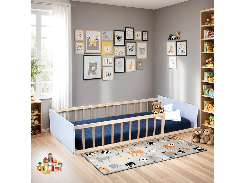 LIT 90x190 PILOU avec sommier et matelas / Blanc et Bois clair