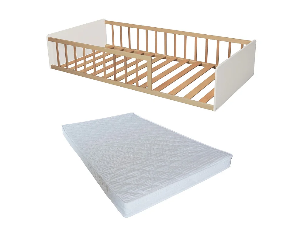 LIT 90x190 PILOU avec sommier et matelas / Blanc et Bois clair