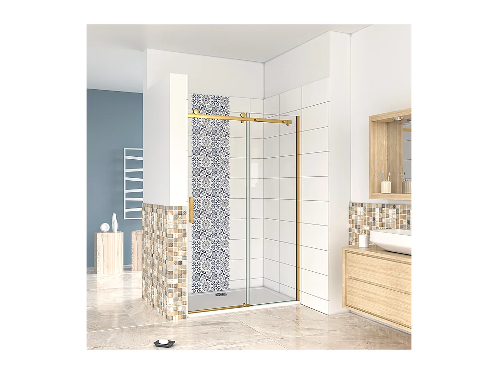 Box Doccia Per Nicchia Porta Scorrevole Ingresso Laterale in Vetro 8mm Temperato Trasparente Anticalcare Telaio Cromato Lucido Finitura Oro 100x195 cm