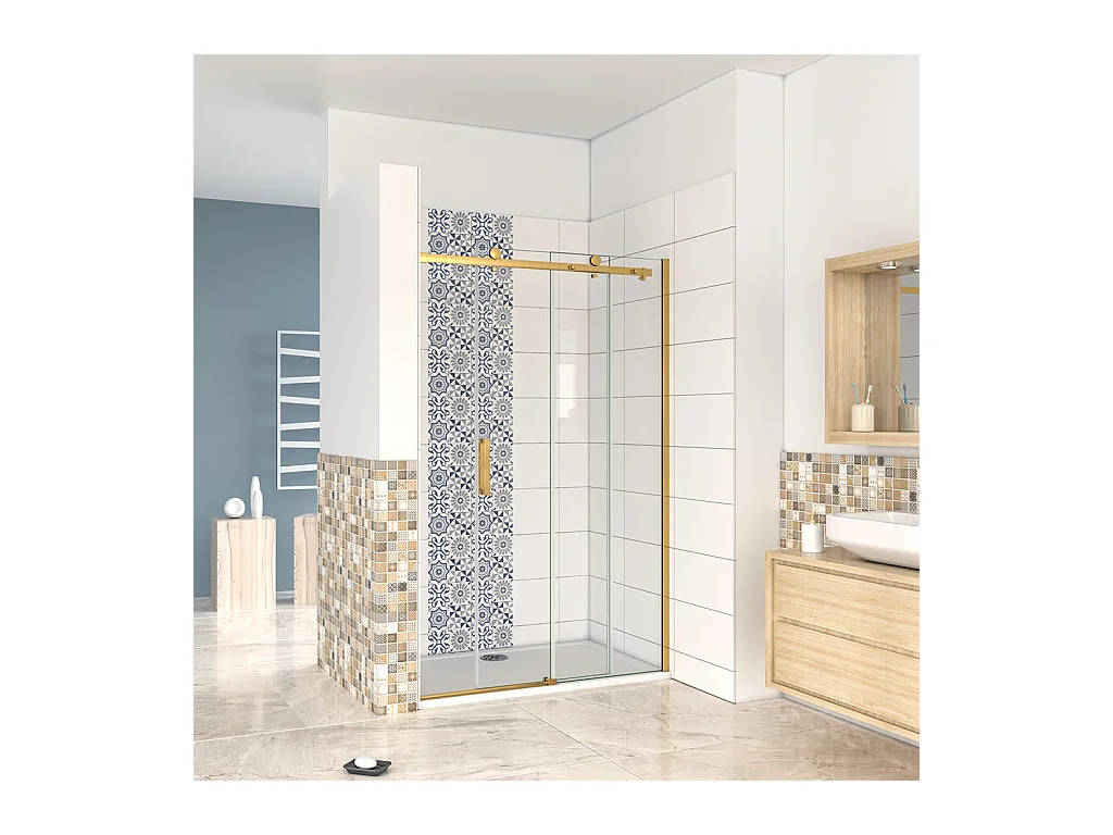Box Doccia Per Nicchia Porta Scorrevole Ingresso Laterale in Vetro 8mm Temperato Trasparente Anticalcare Telaio Cromato Lucido Finitura Oro 100x195 cm