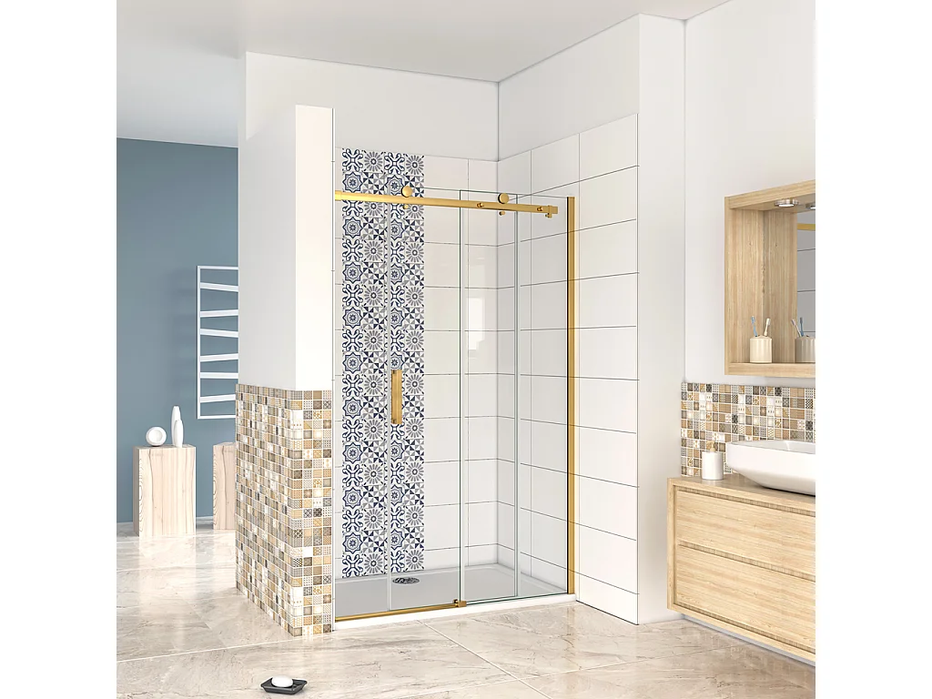 Box Doccia Per Nicchia Porta Scorrevole Ingresso Laterale in Vetro 8mm Temperato Trasparente Anticalcare Telaio Cromato Lucido Finitura Oro 100x195 cm