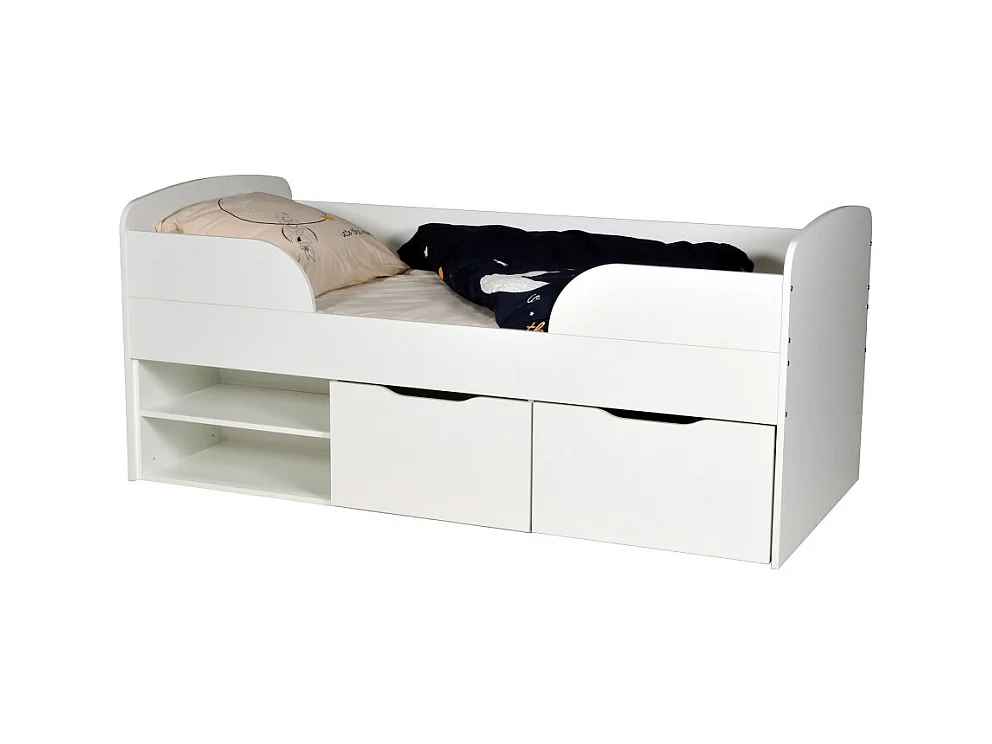 Lit mi-hauteur 90x190 cm ELIO avec sommier et rangements / Blanc