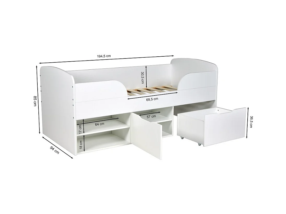 Lit mi-hauteur 90x190 cm ELIO avec sommier et rangements / Blanc