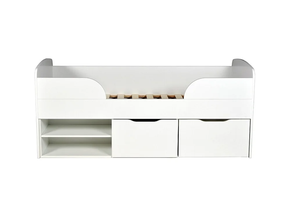 Lit mi-hauteur 90x190 cm ELIO avec sommier et rangements / Blanc