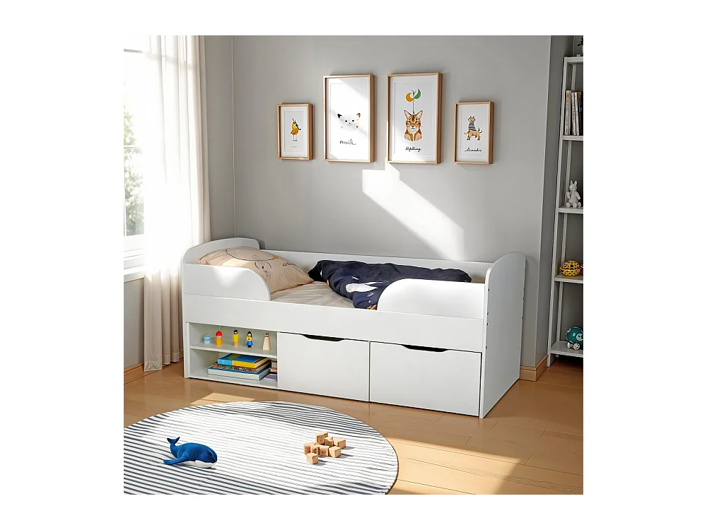 Lit mi-hauteur 90x190 cm ELIO avec sommier et rangements / Blanc