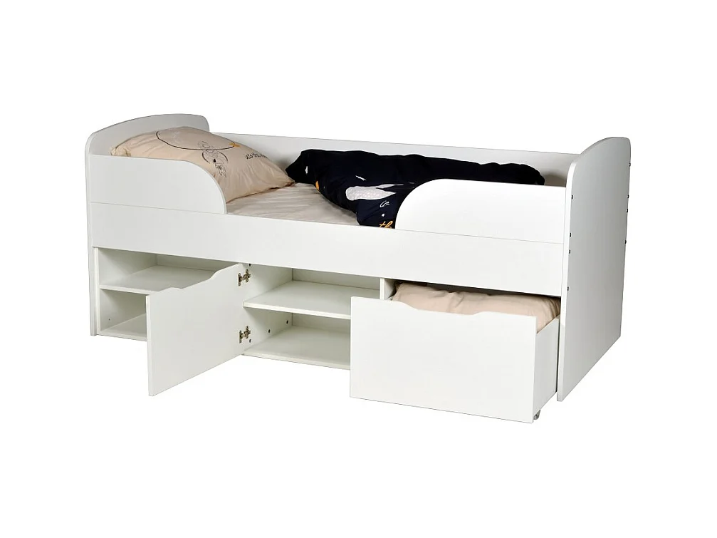 Lit mi-hauteur 90x190 cm ELIO avec sommier et rangements / Blanc
