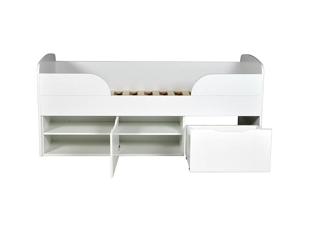 Lit mi-hauteur 90x190 cm ELIO avec sommier et rangements / Blanc