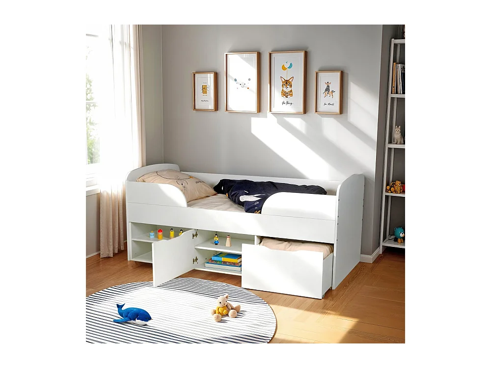Lit mi-hauteur 90x190 cm ELIO avec sommier et rangements / Blanc