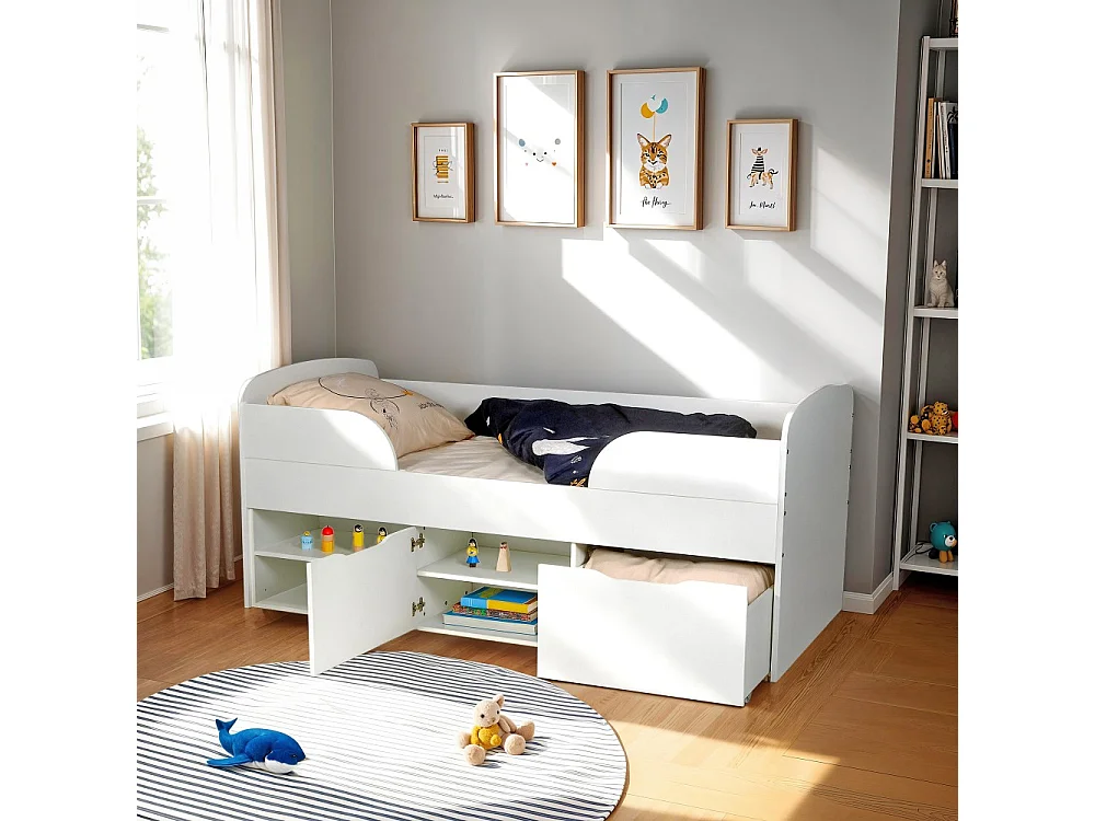 Lit mi-hauteur 90x190 cm ELIO avec sommier et rangements / Blanc