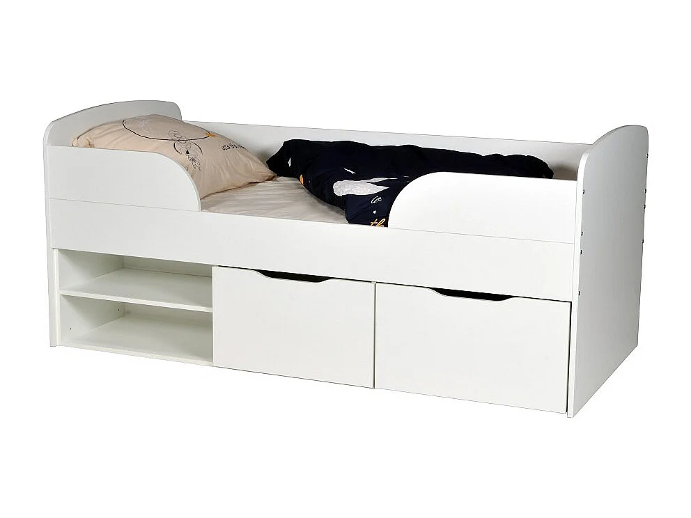 Lit mi-hauteur 90x190 cm ELIO avec sommier et rangements / Blanc