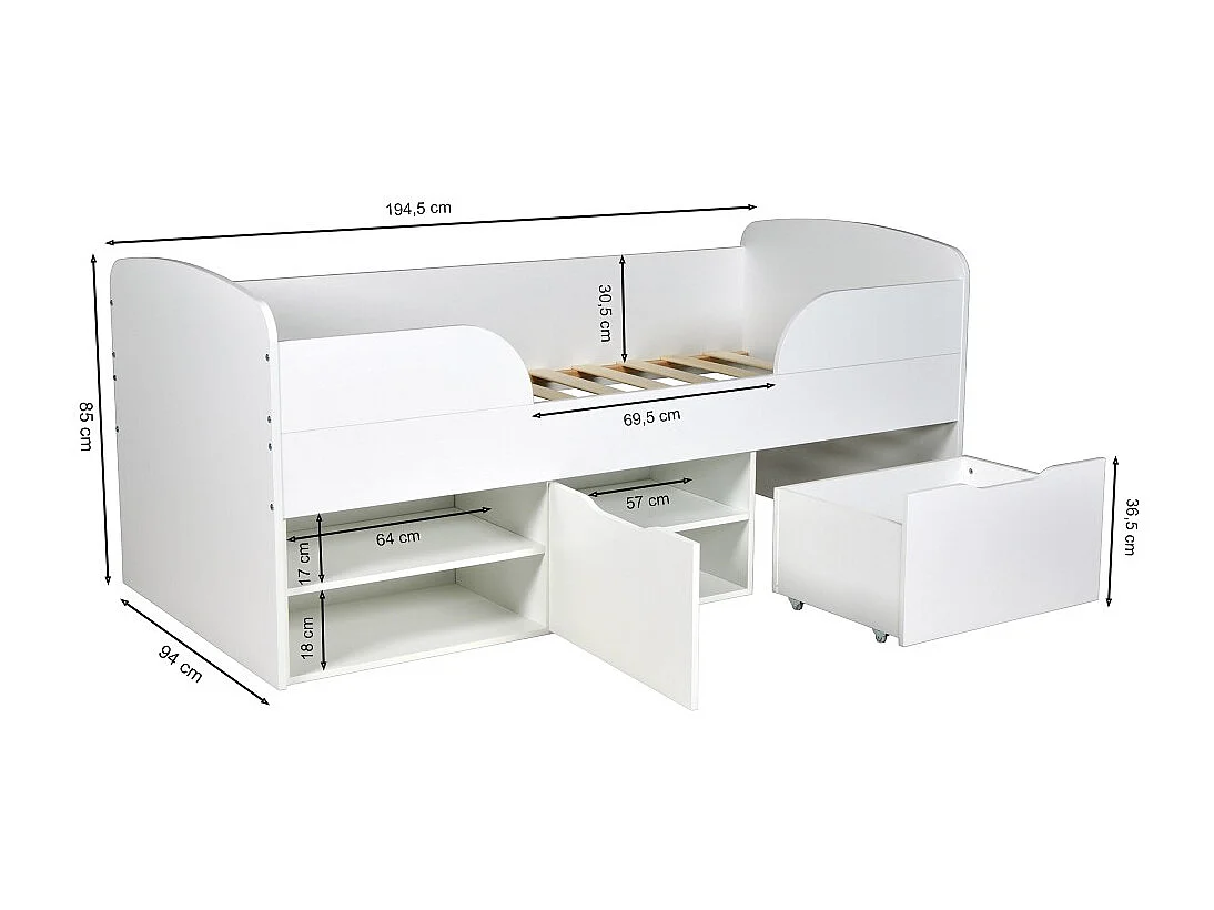 Lit mi-hauteur 90x190 cm ELIO avec sommier et rangements / Blanc